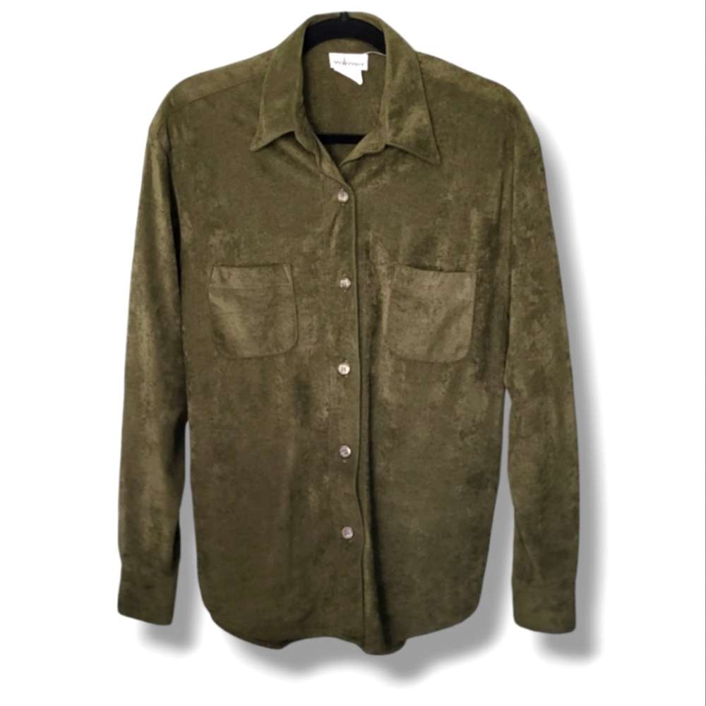 VINTAGE 80s WILLIWEAR Olive Green Microsuede Button-up Shirt with Pockets